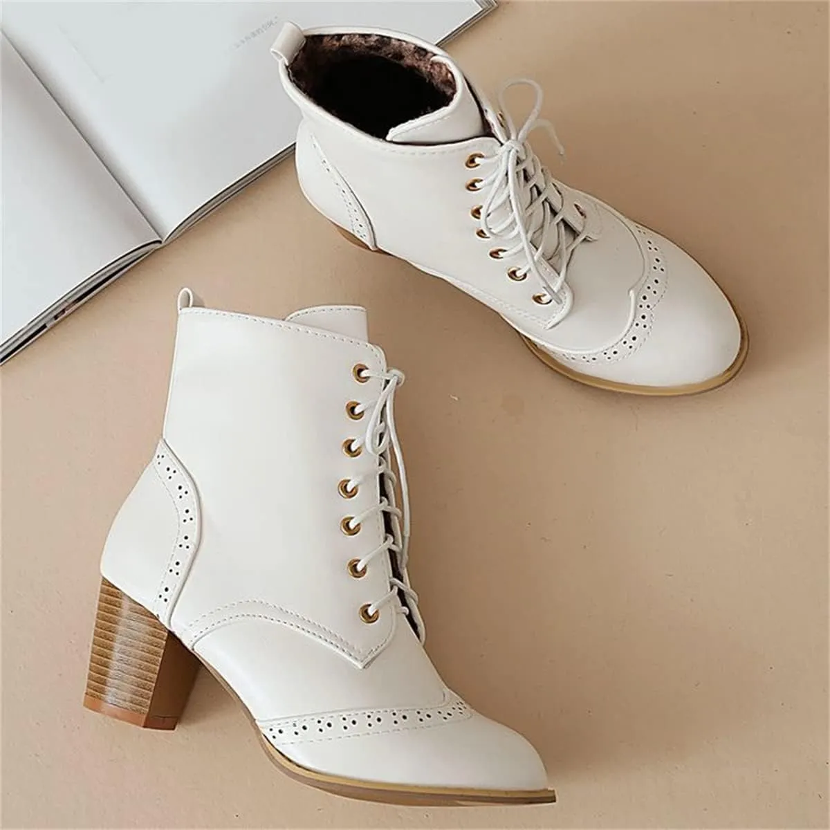 Betastella Women's Lace Up Booties Chunky Heel Ankle Boots Side Zip Short Boots Dress Shoes