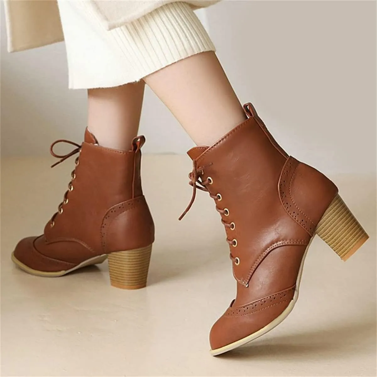Betastella Women's Lace Up Booties Chunky Heel Ankle Boots Side Zip Short Boots Dress Shoes