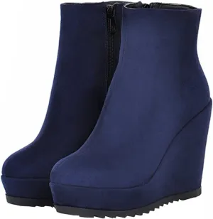 Betastella Women's Wedge Platform Ankle Boots Faux Suede Heels Zip Up Booties