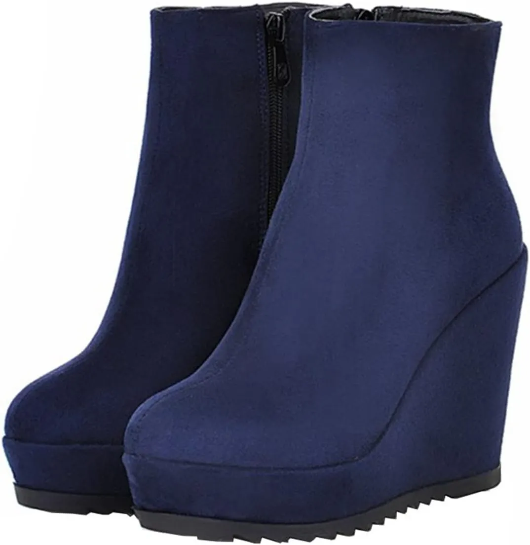Betastella Women's Wedge Platform Ankle Boots Faux Suede Heels Zip Up Booties