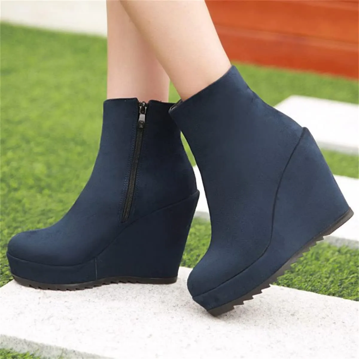 Betastella Women's Wedge Platform Ankle Boots Faux Suede Heels Zip Up Booties