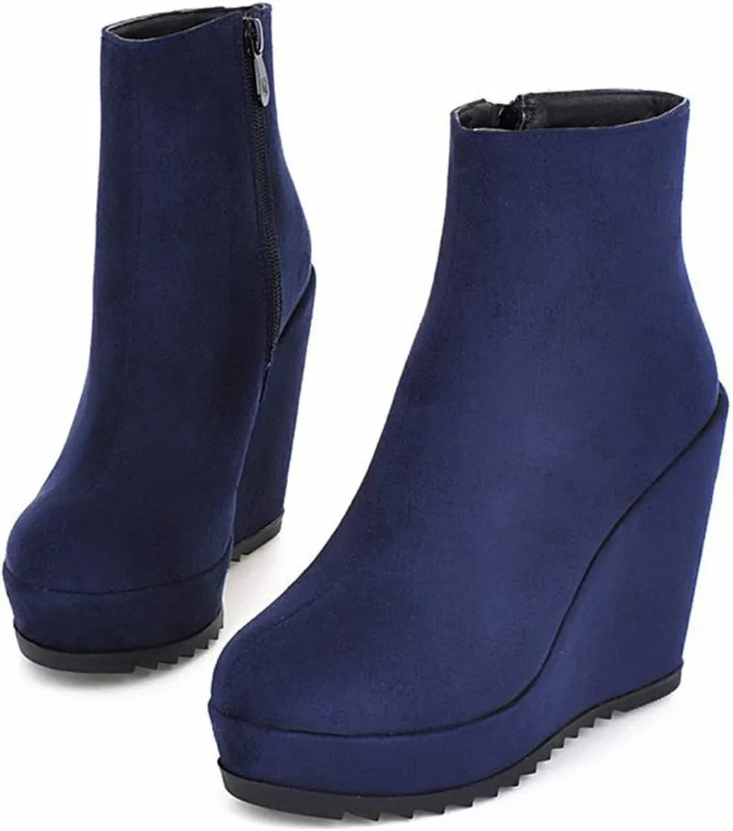 Betastella Women's Wedge Platform Ankle Boots Faux Suede Heels Zip Up Booties