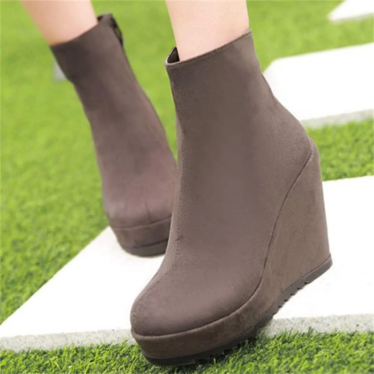 Betastella Women's Wedge Platform Ankle Boots Faux Suede Heels Zip Up Booties
