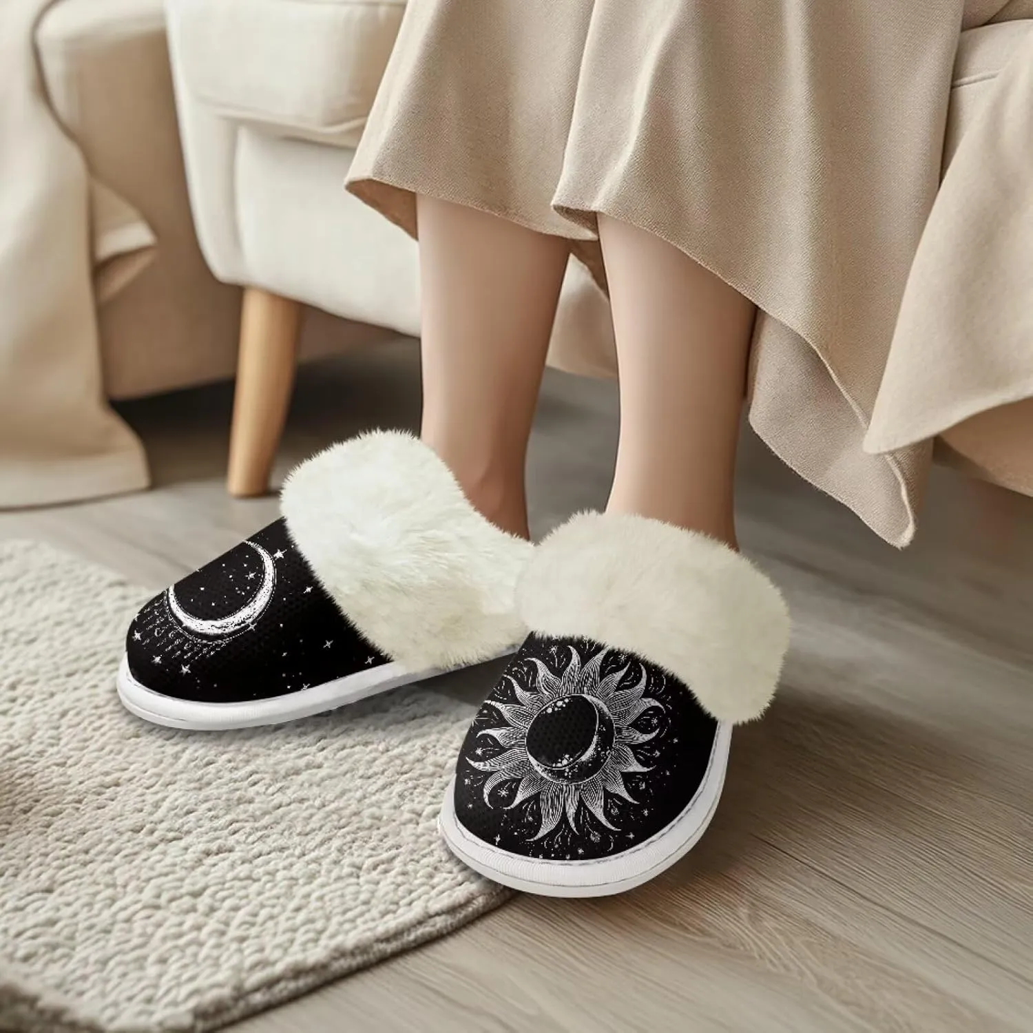 Binienty Women Bedroom Slippers Retro Winter Fuzzy Slippers Memory Foam Non-Slip Thin-Soled