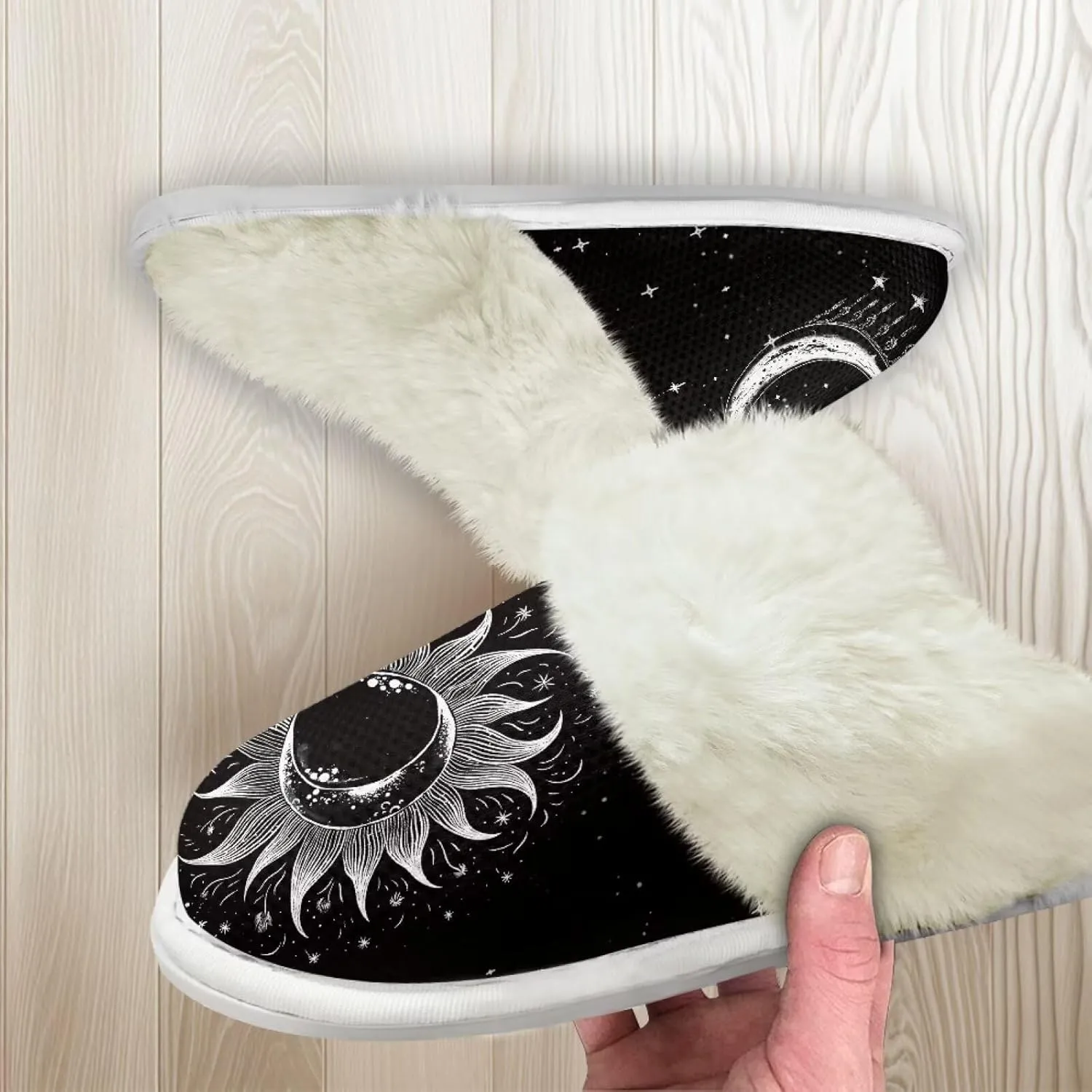 Binienty Women Bedroom Slippers Retro Winter Fuzzy Slippers Memory Foam Non-Slip Thin-Soled