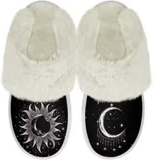 Binienty Women Bedroom Slippers Retro Winter Fuzzy Slippers Memory Foam Non-Slip Thin-Soled