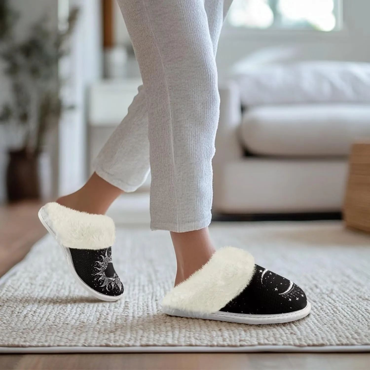 Binienty Women Bedroom Slippers Retro Winter Fuzzy Slippers Memory Foam Non-Slip Thin-Soled