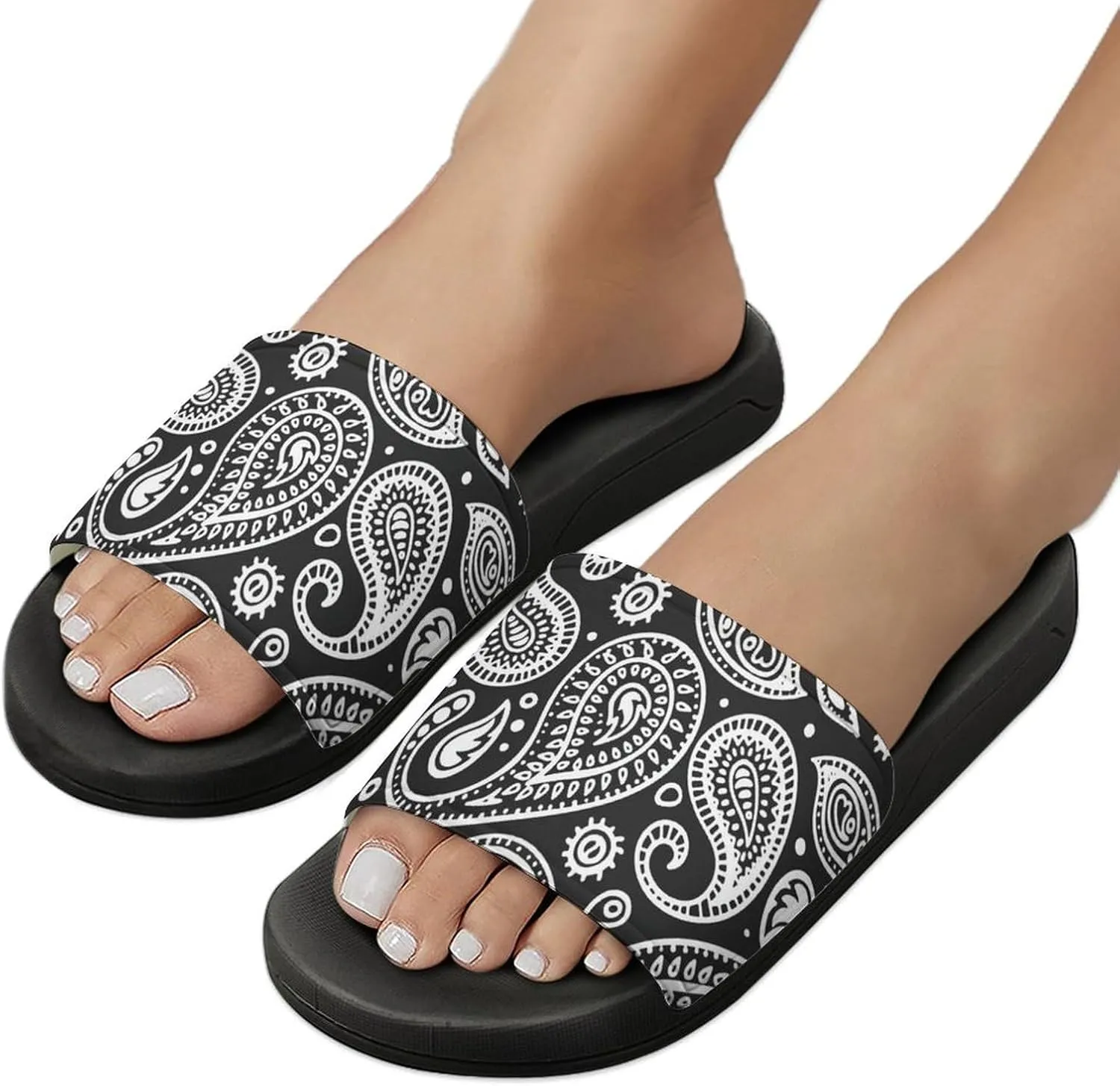 Black White Bandana Paisley House Slippers for Women Men Shower Slides Bathroom Sandals