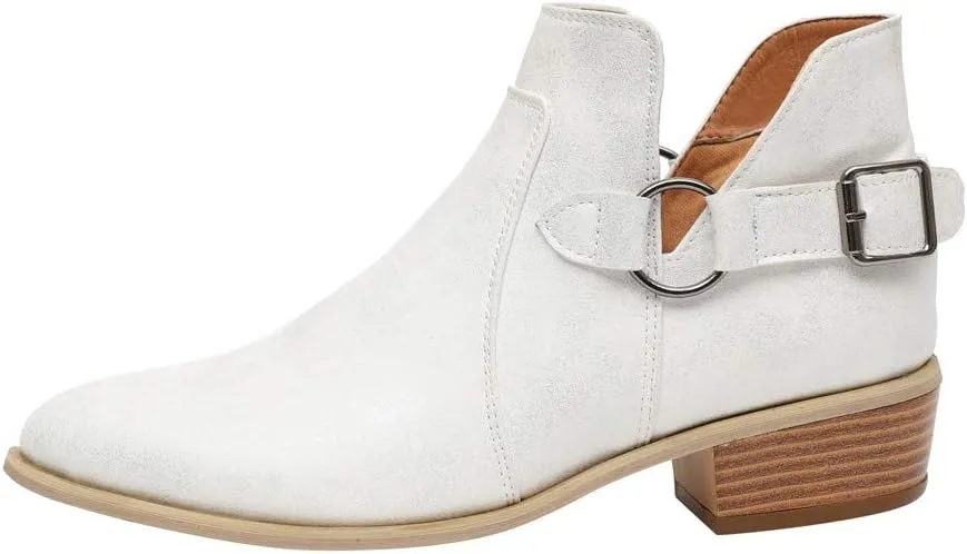 Booties for Women Flat,Womens Ruffled Ankle Boots Low Chunky Block Stacked Heel Boots Slip On Pointed Toe Western Shoes