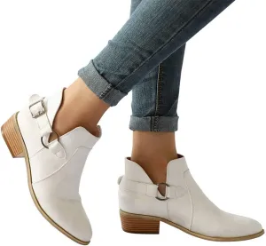 Booties for Women Flat,Womens Ruffled Ankle Boots Low Chunky Block Stacked Heel Boots Slip On Pointed Toe Western Shoes