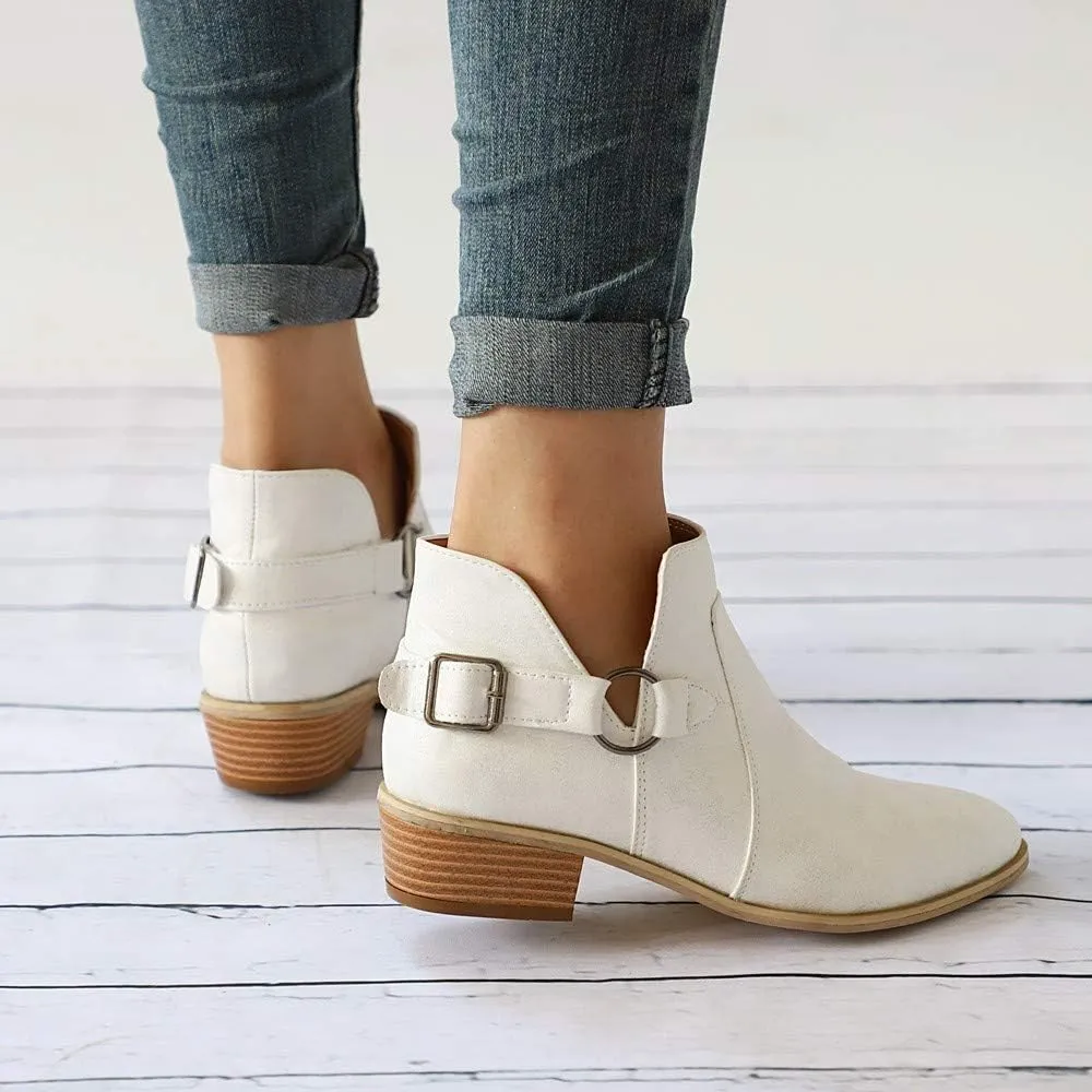 Booties for Women Flat,Womens Ruffled Ankle Boots Low Chunky Block Stacked Heel Boots Slip On Pointed Toe Western Shoes