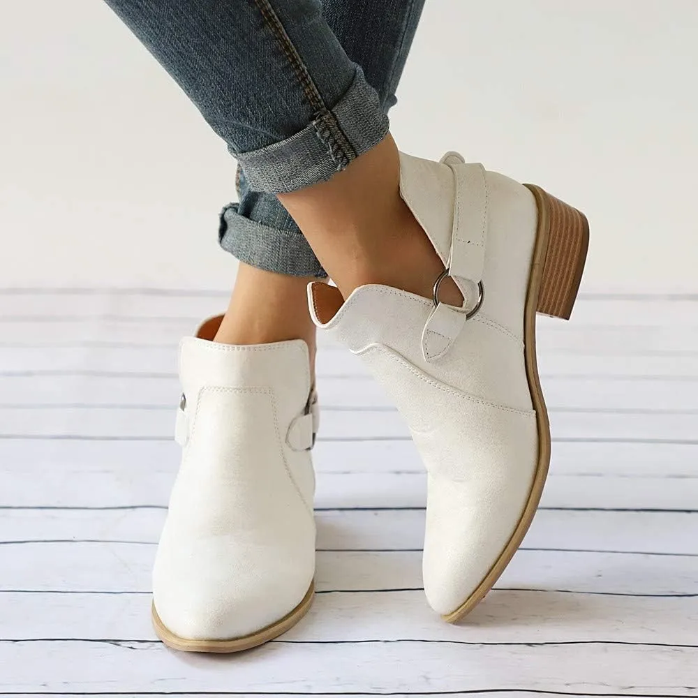 Booties for Women Flat,Womens Ruffled Ankle Boots Low Chunky Block Stacked Heel Boots Slip On Pointed Toe Western Shoes