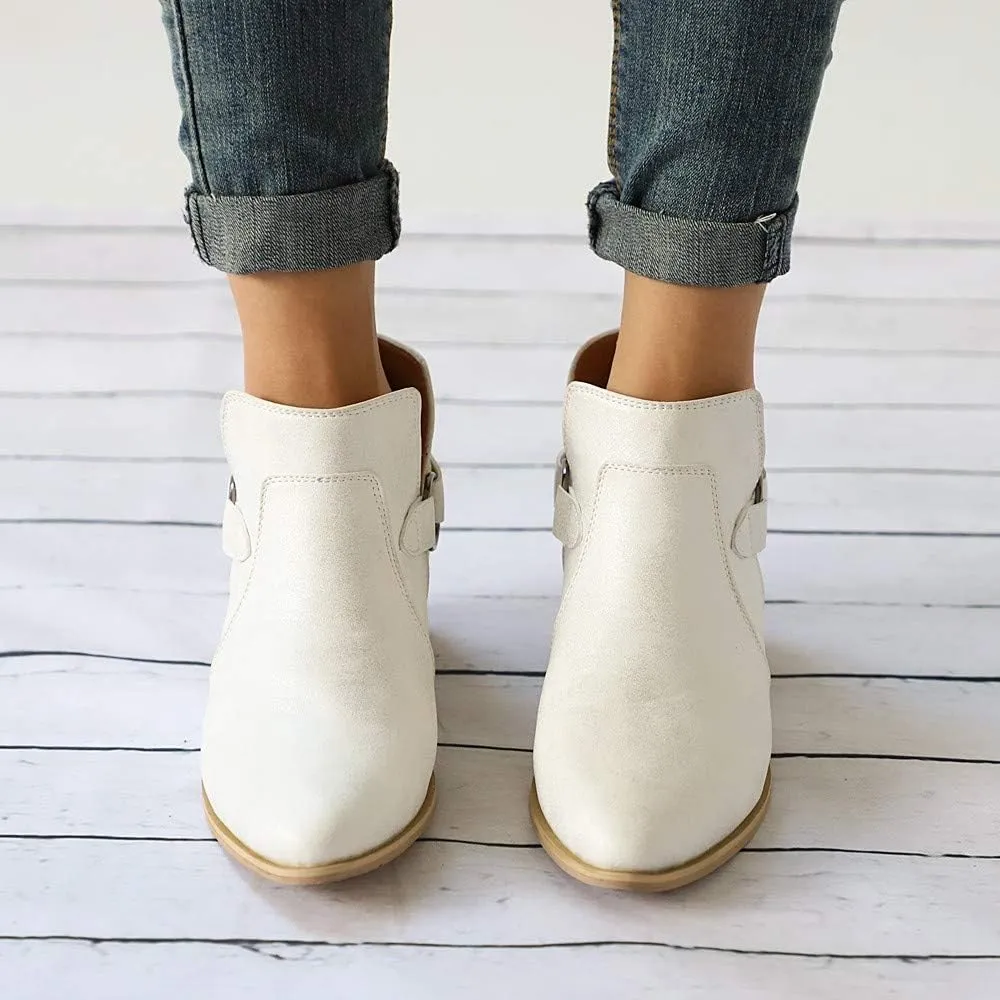 Booties for Women Flat,Womens Ruffled Ankle Boots Low Chunky Block Stacked Heel Boots Slip On Pointed Toe Western Shoes