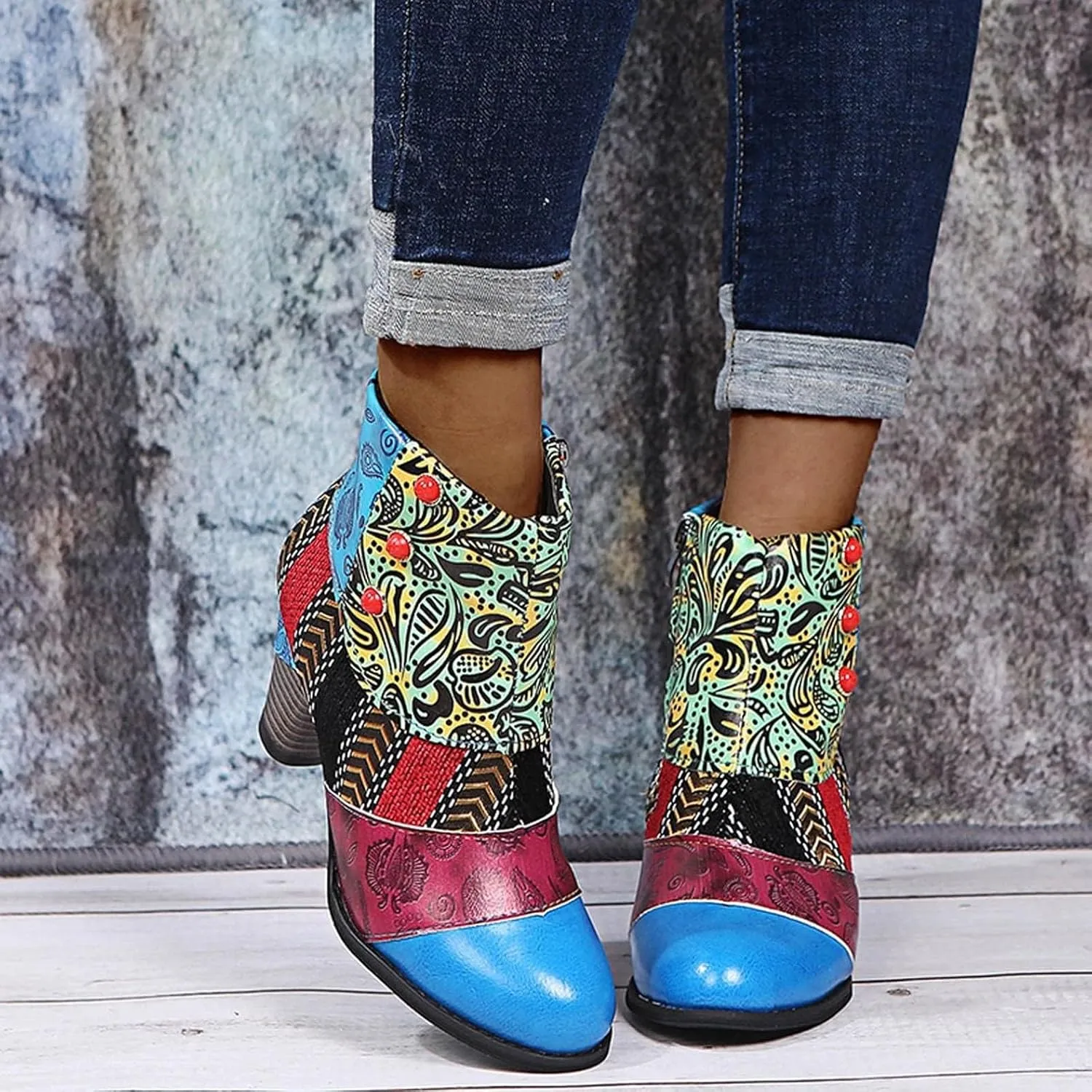 Boots for Women Fashion Handmade Leather Lambskin Round Toe Pump Ankle Booties Trendy Ethnic Chunky High Heels Dress Bohemian Retro Short Boots for Ladies
