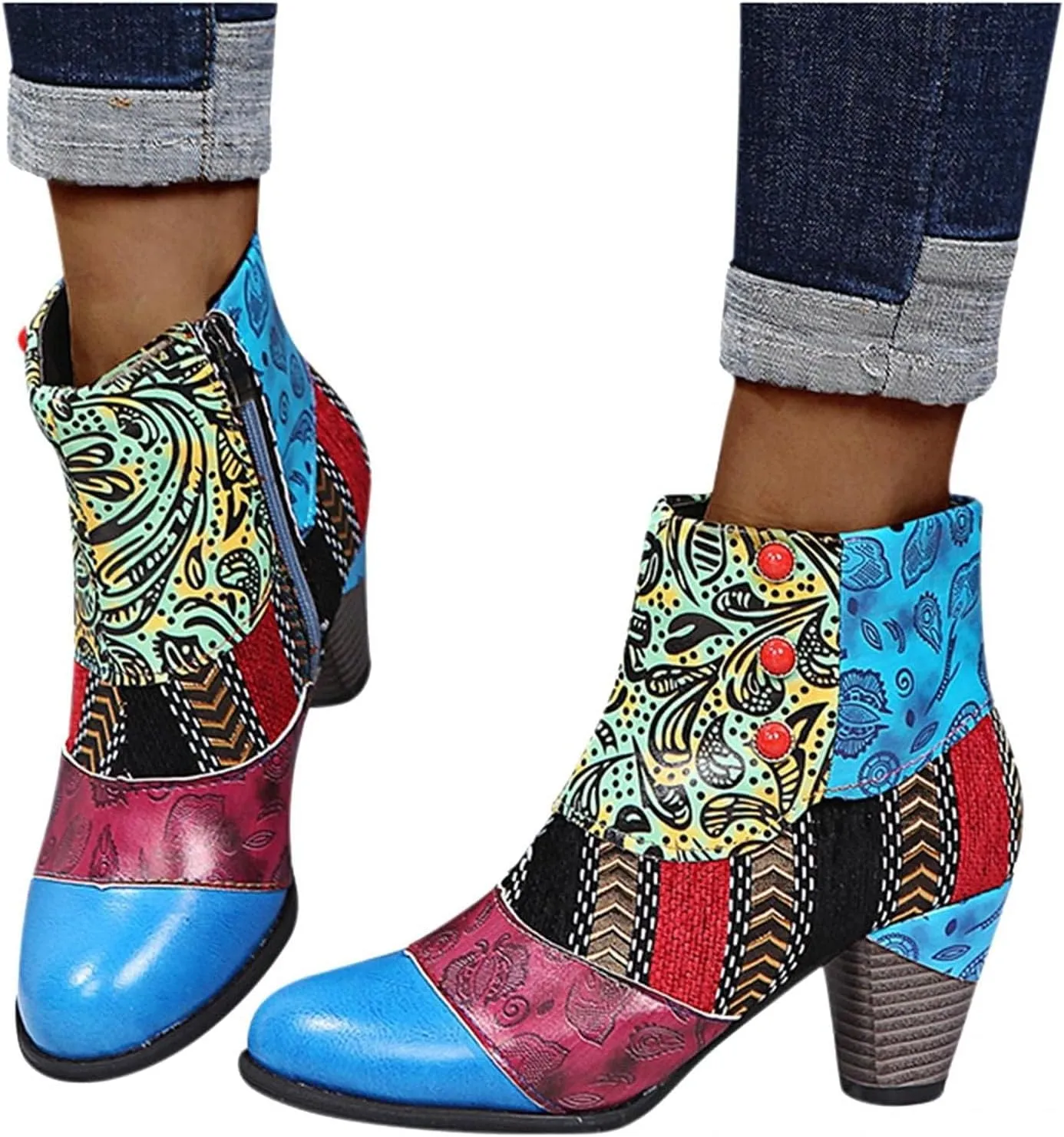 Boots for Women Fashion Handmade Leather Lambskin Round Toe Pump Ankle Booties Trendy Ethnic Chunky High Heels Dress Bohemian Retro Short Boots for Ladies