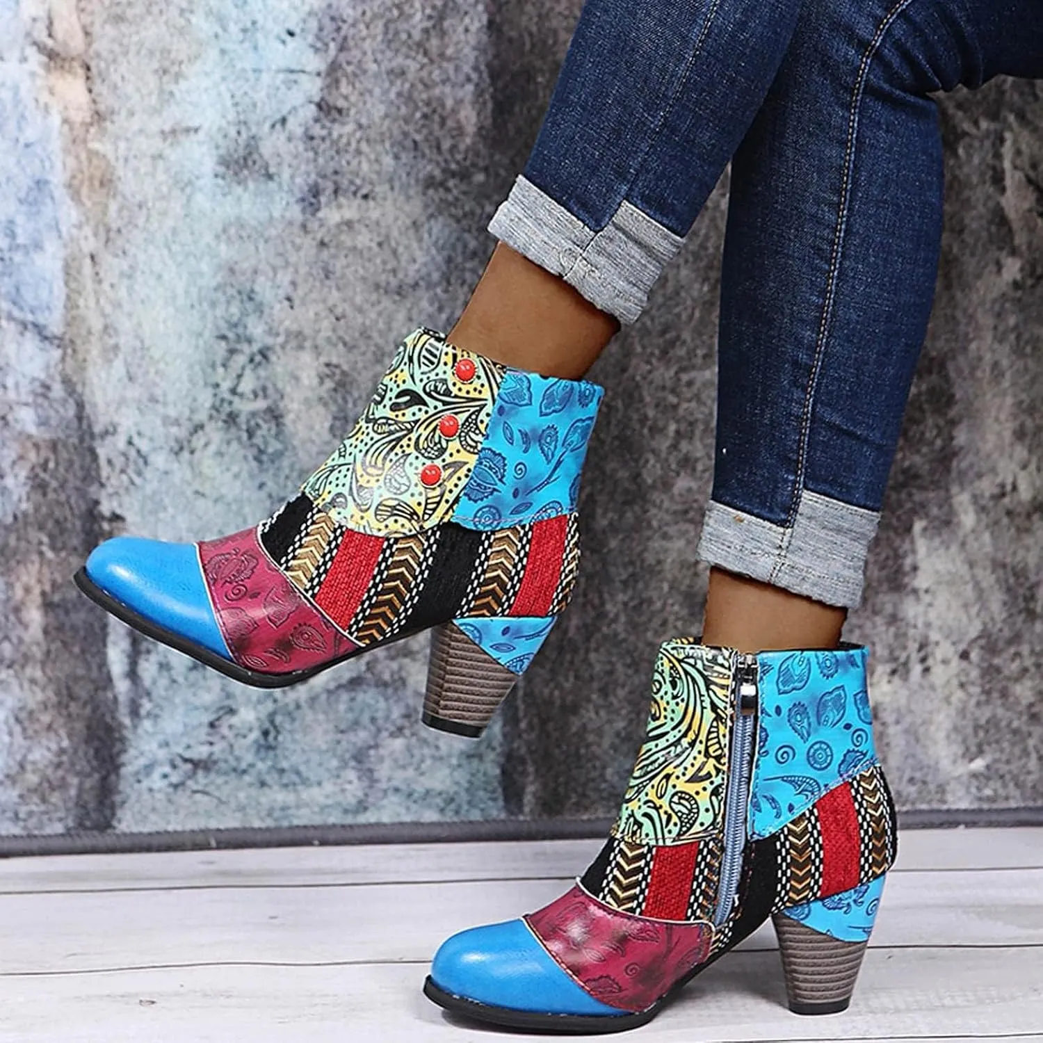 Boots for Women Fashion Handmade Leather Lambskin Round Toe Pump Ankle Booties Trendy Ethnic Chunky High Heels Dress Bohemian Retro Short Boots for Ladies