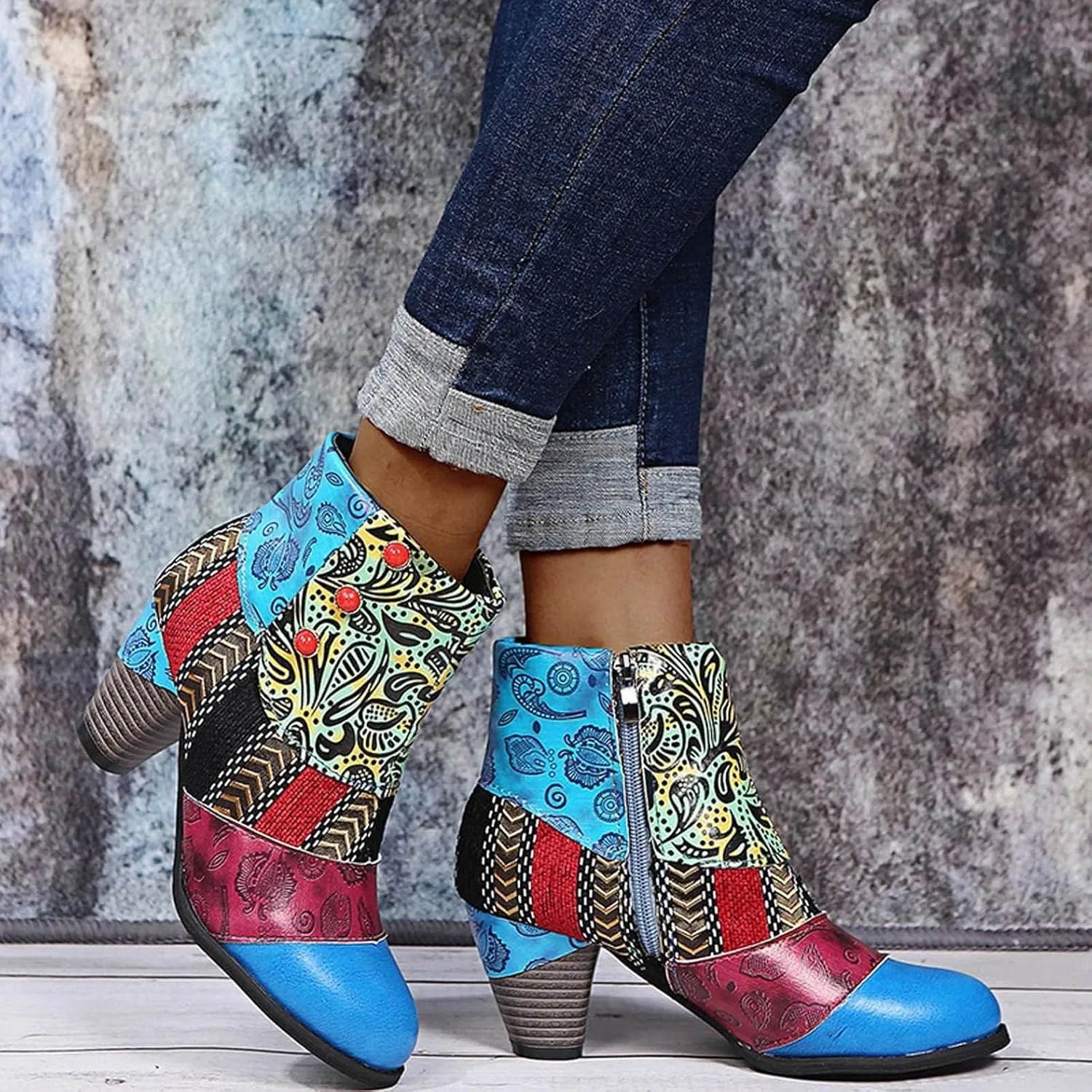 Boots for Women Fashion Handmade Leather Lambskin Round Toe Pump Ankle Booties Trendy Ethnic Chunky High Heels Dress Bohemian Retro Short Boots for Ladies