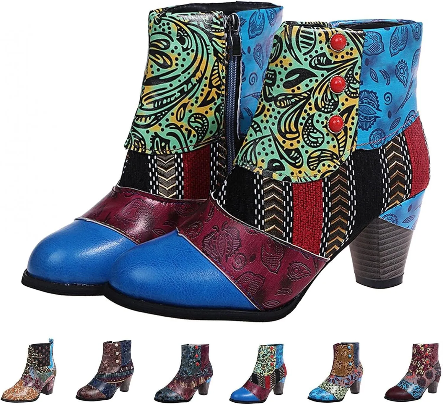 Boots for Women Fashion Handmade Leather Lambskin Round Toe Pump Ankle Booties Trendy Ethnic Chunky High Heels Dress Bohemian Retro Short Boots for Ladies