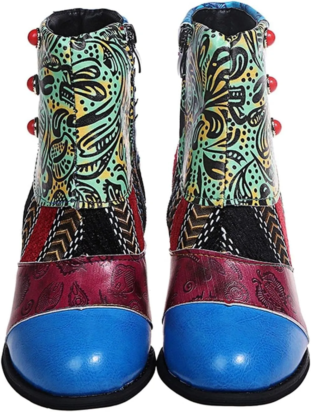 Boots for Women Fashion Handmade Leather Lambskin Round Toe Pump Ankle Booties Trendy Ethnic Chunky High Heels Dress Bohemian Retro Short Boots for Ladies