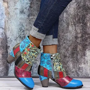 Boots for Women Fashion Handmade Leather Lambskin Round Toe Pump Ankle Booties Trendy Ethnic Chunky High Heels Dress Bohemian Retro Short Boots for Ladies