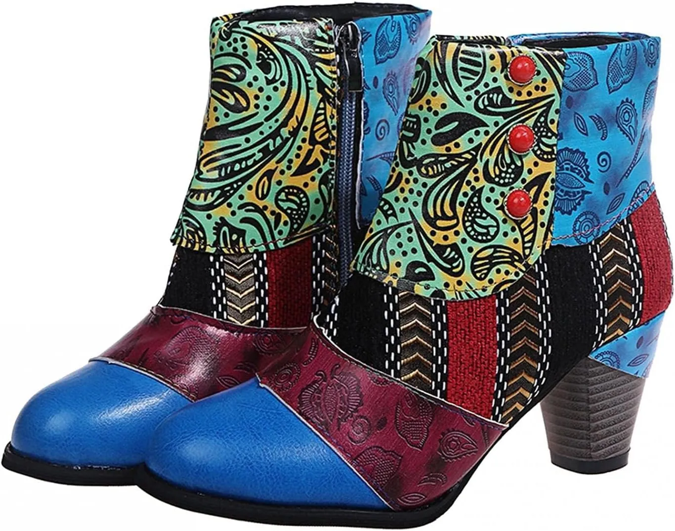 Boots for Women Fashion Handmade Leather Lambskin Round Toe Pump Ankle Booties Trendy Ethnic Chunky High Heels Dress Bohemian Retro Short Boots for Ladies