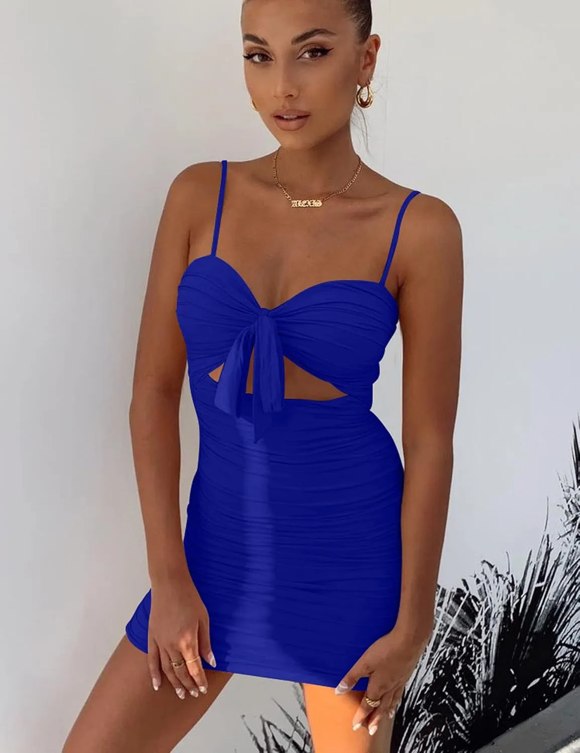 BORIFLORS Women's Sexy Bodycon Cut Out Ruched Backless Spaghetti Strap Mini Club Party Dresses
