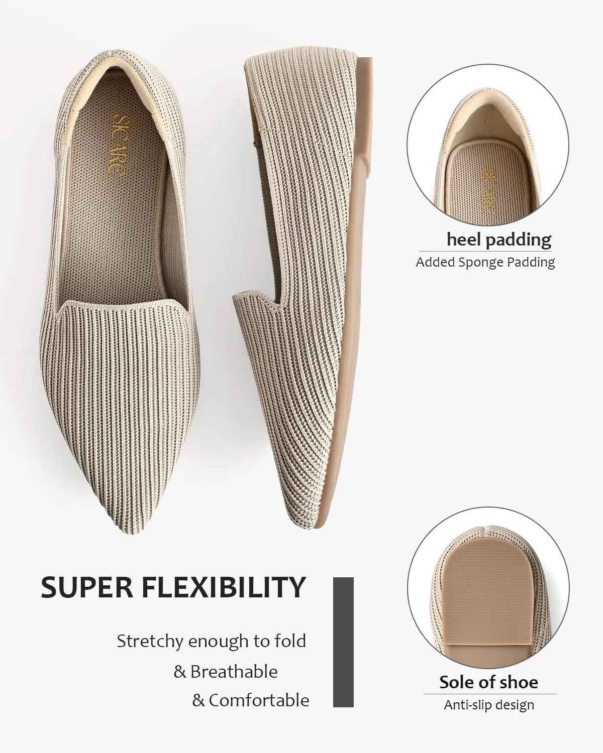 Brown Women's One Size Pointed Toe Slip-On Knit Ballet Flats for Dressy Casual Office Work Walking Flats