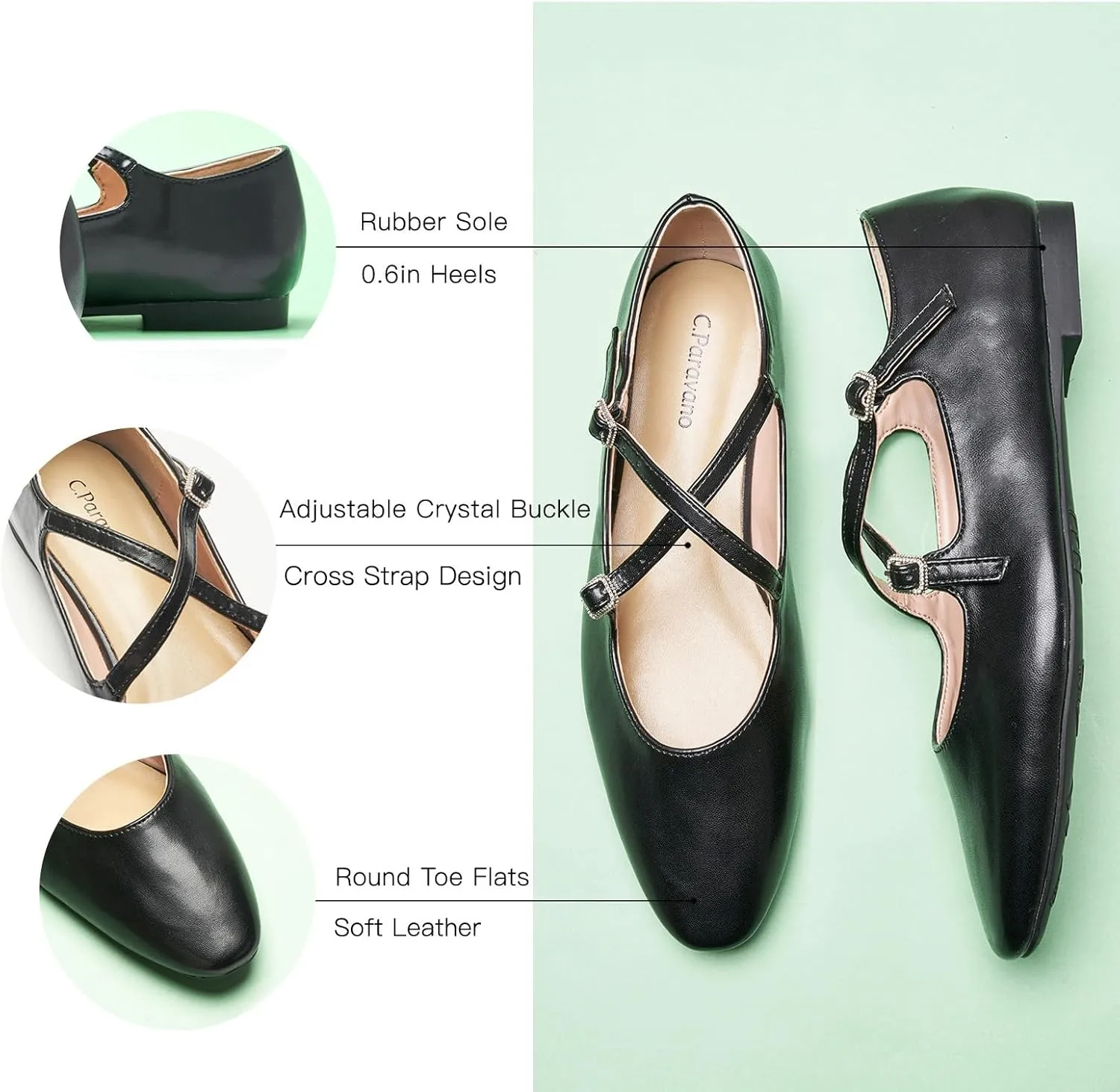 C. Paravano Women's Mary Jane Ballet Flats - Adjustable Buckle Strap,Soft Leather Almond Toe Flats for Work,Casual, Daily Wear, Wedding, Church, Office, and Travel and Driving-Stylish Women's Shoes