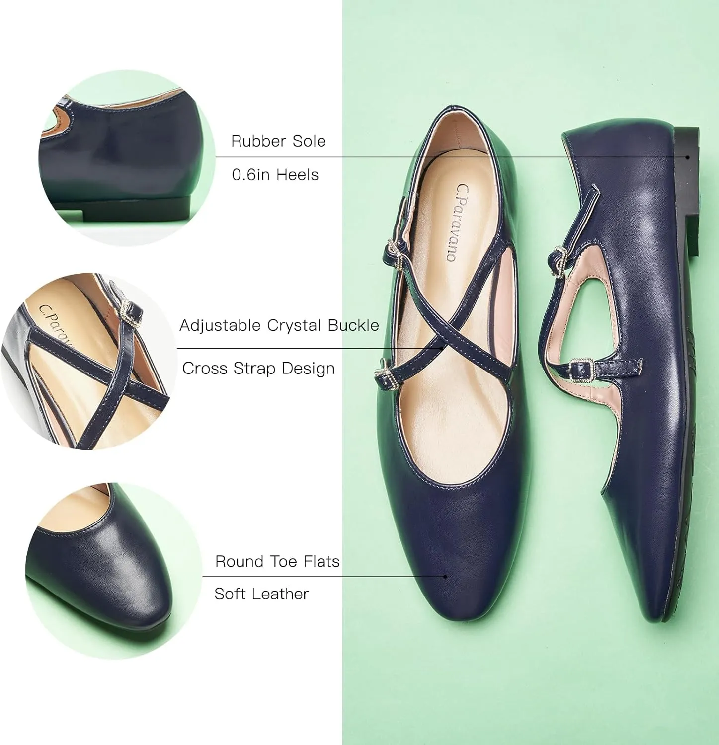 C. Paravano Women's Mary Jane Ballet Flats - Adjustable Buckle Strap,Soft Leather Almond Toe Flats for Work,Casual, Daily Wear, Wedding, Church, Office, and Travel and Driving-Stylish Women's Shoes