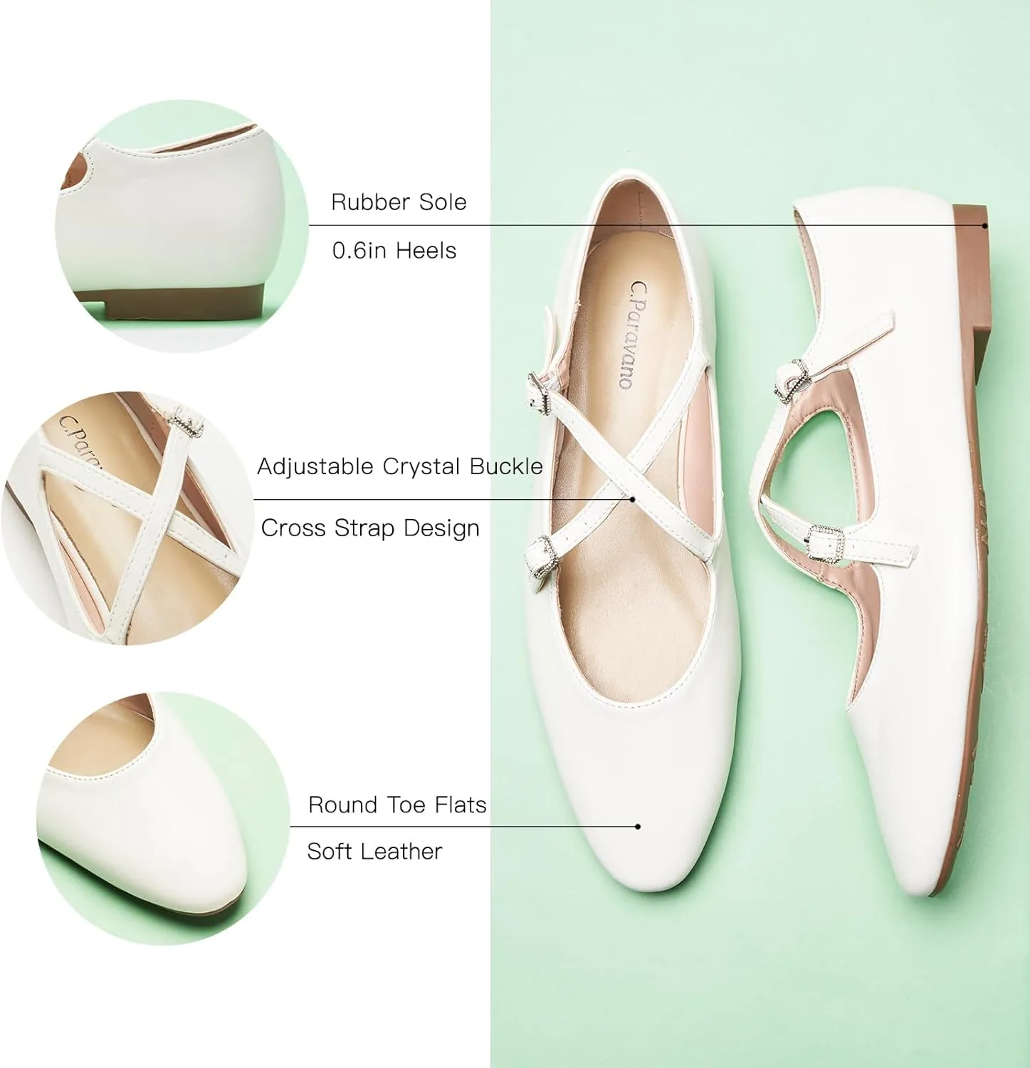 C. Paravano Women's Mary Jane Ballet Flats - Adjustable Buckle Strap,Soft Leather Almond Toe Flats for Work,Casual, Daily Wear, Wedding, Church, Office, and Travel and Driving-Stylish Women's Shoes