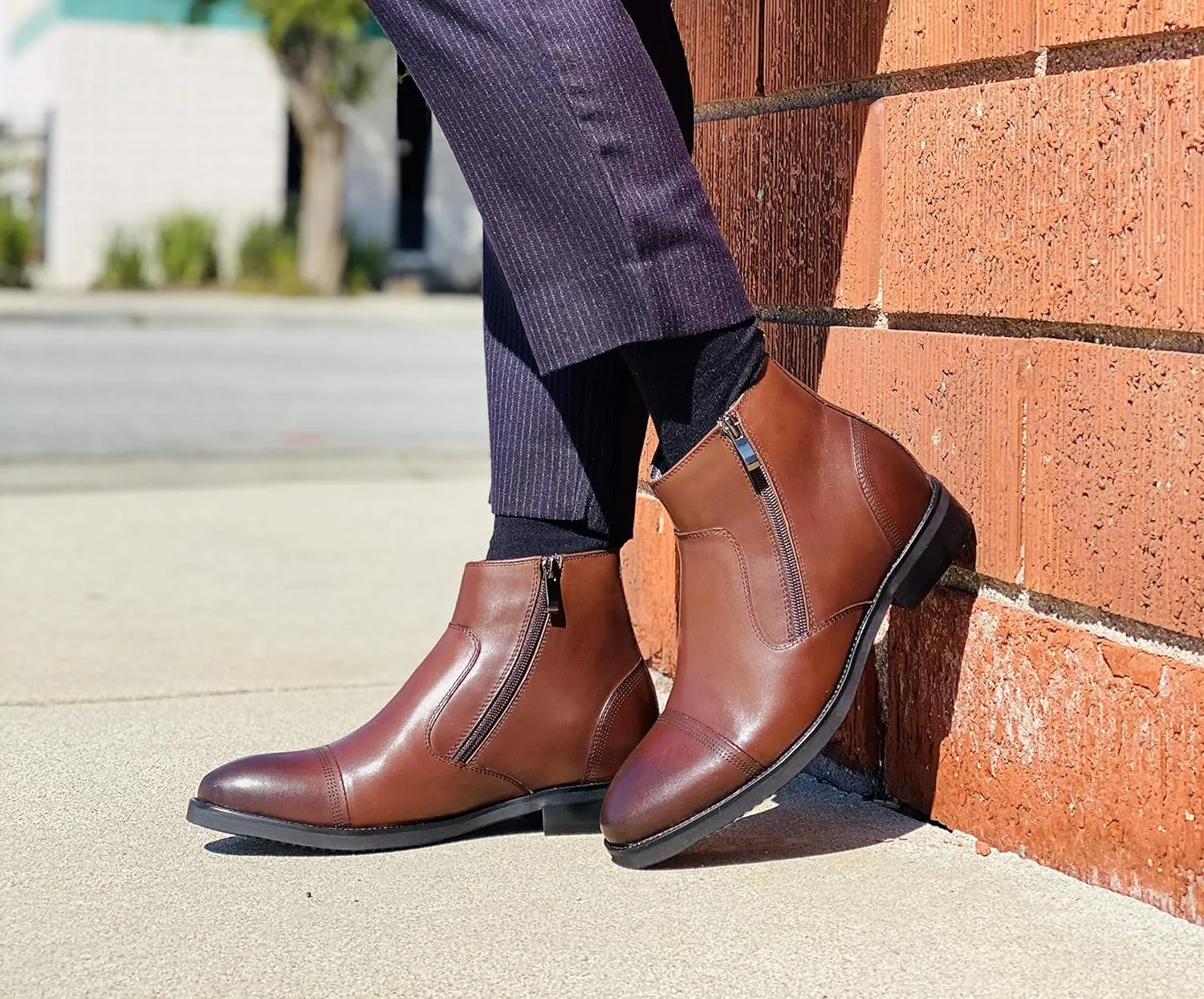 CALTO Men's Invisible Height Increasing Elevator Shoes - Dark Brown Premium Leather Lightweight Zipper Boots - 2.8 Inches Taller - S28002 - Size 12 D(M) US