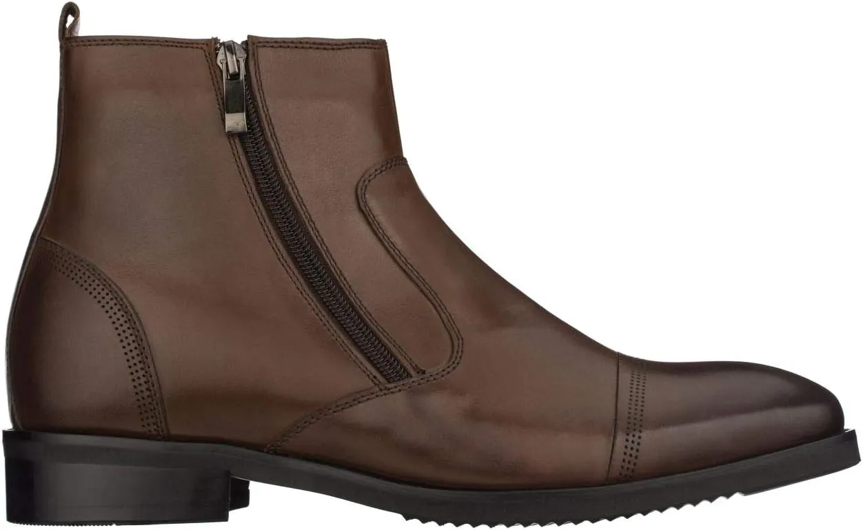 CALTO Men's Invisible Height Increasing Elevator Shoes - Dark Brown Premium Leather Lightweight Zipper Boots - 2.8 Inches Taller - S28002 - Size 12 D(M) US
