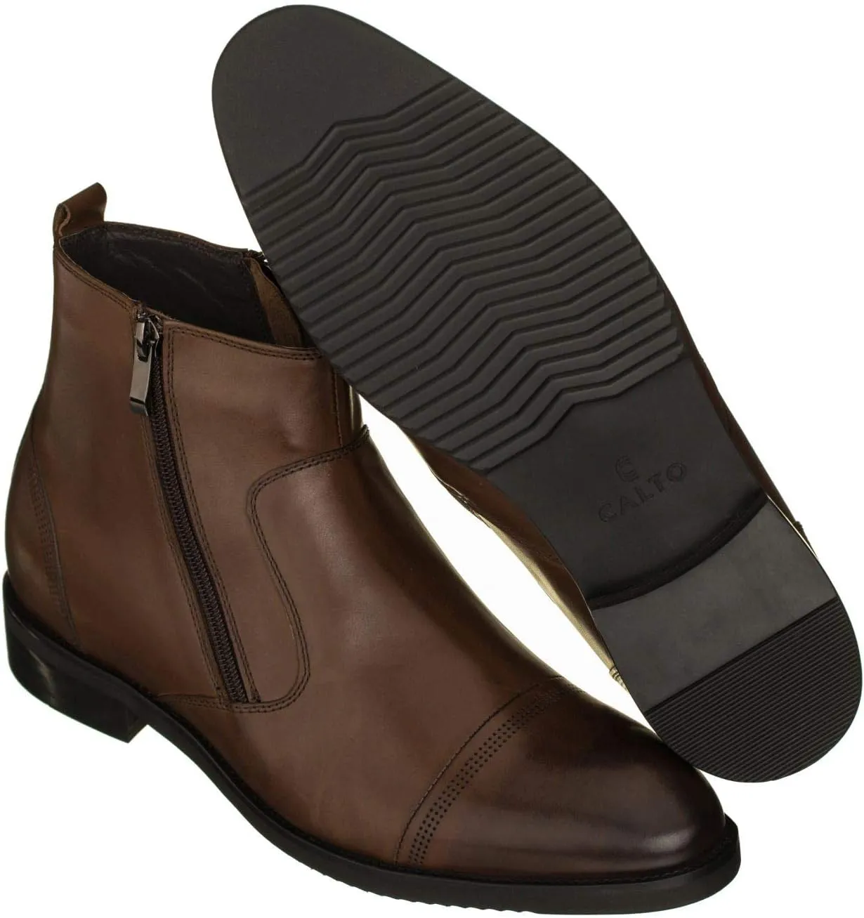 CALTO Men's Invisible Height Increasing Elevator Shoes - Dark Brown Premium Leather Lightweight Zipper Boots - 2.8 Inches Taller - S28002 - Size 12 D(M) US