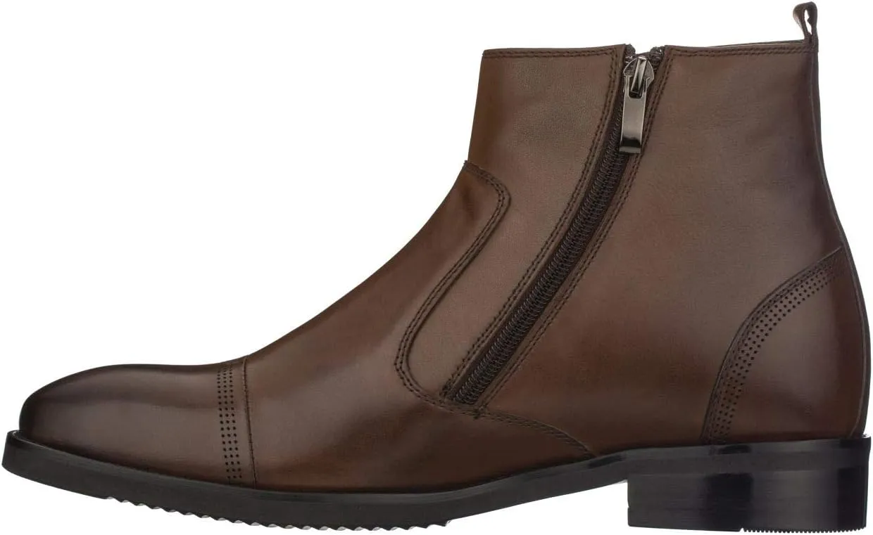 CALTO Men's Invisible Height Increasing Elevator Shoes - Dark Brown Premium Leather Lightweight Zipper Boots - 2.8 Inches Taller - S28002 - Size 12 D(M) US