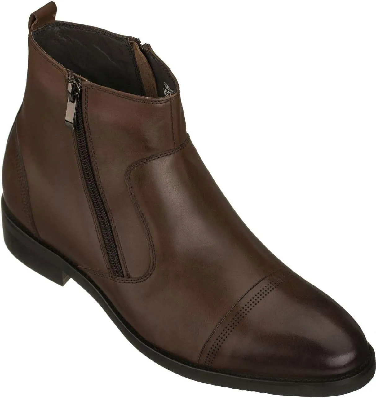 CALTO Men's Invisible Height Increasing Elevator Shoes - Dark Brown Premium Leather Lightweight Zipper Boots - 2.8 Inches Taller - S28002 - Size 12 D(M) US