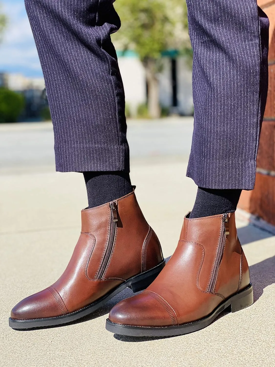 CALTO Men's Invisible Height Increasing Elevator Shoes - Dark Brown Premium Leather Lightweight Zipper Boots - 2.8 Inches Taller - S28002 - Size 12 D(M) US