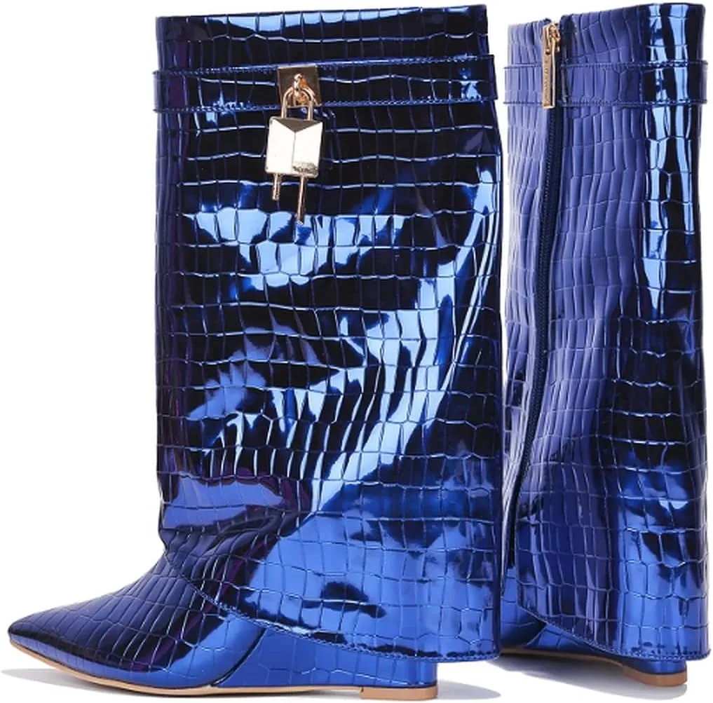 Cape Robbin Women's Fold Over Padlock Mid Calf Wedge Heel Pointed Toe Pull-On Boots Booties