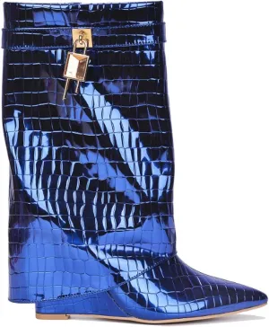 Cape Robbin Women's Fold Over Padlock Mid Calf Wedge Heel Pointed Toe Pull-On Boots Booties