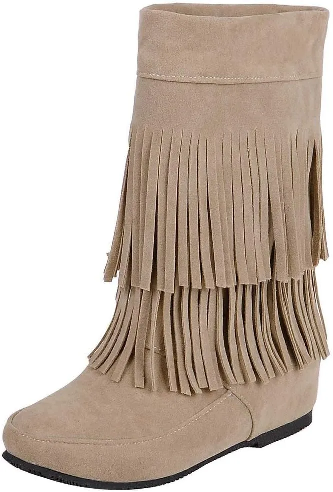Caradise Womens Faux Suede 2 Layer Tassel Fringe Ankle Boots Flat Mid Calf Boots