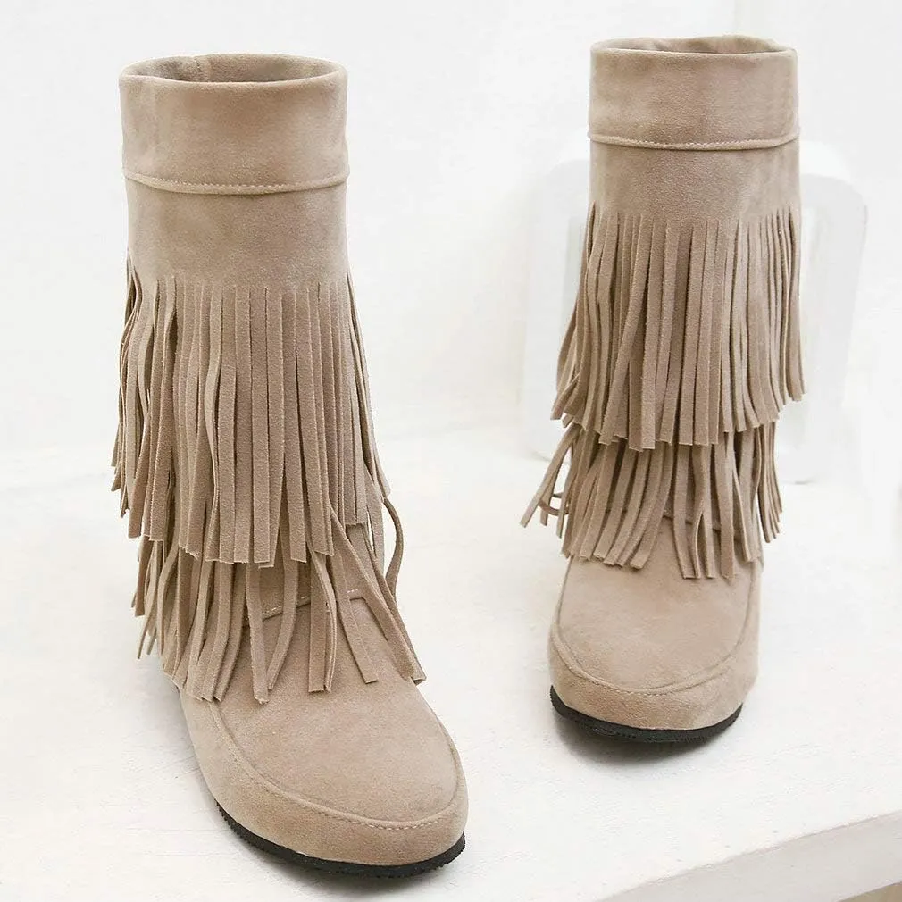 Caradise Womens Faux Suede 2 Layer Tassel Fringe Ankle Boots Flat Mid Calf Boots