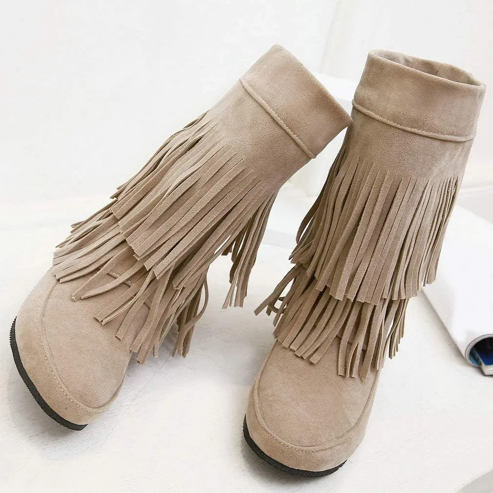 Caradise Womens Faux Suede 2 Layer Tassel Fringe Ankle Boots Flat Mid Calf Boots