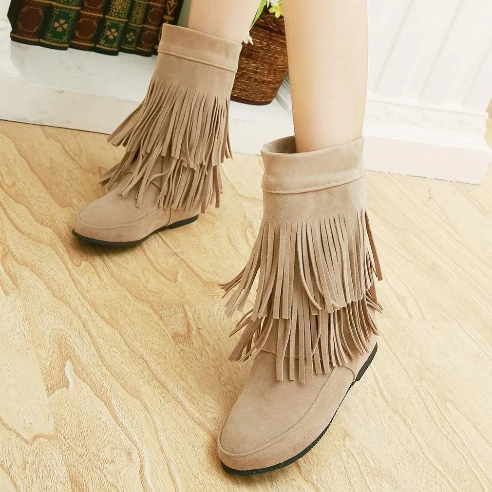 Caradise Womens Faux Suede 2 Layer Tassel Fringe Ankle Boots Flat Mid Calf Boots