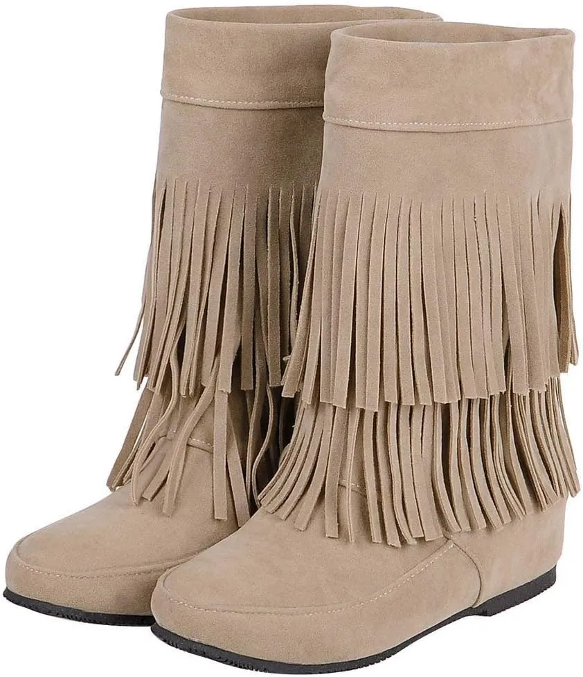 Caradise Womens Faux Suede 2 Layer Tassel Fringe Ankle Boots Flat Mid Calf Boots