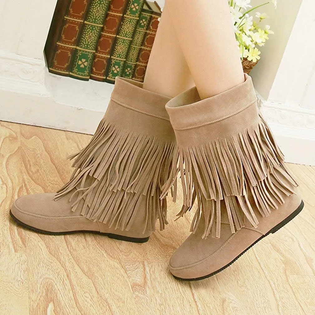 Caradise Womens Faux Suede 2 Layer Tassel Fringe Ankle Boots Flat Mid Calf Boots