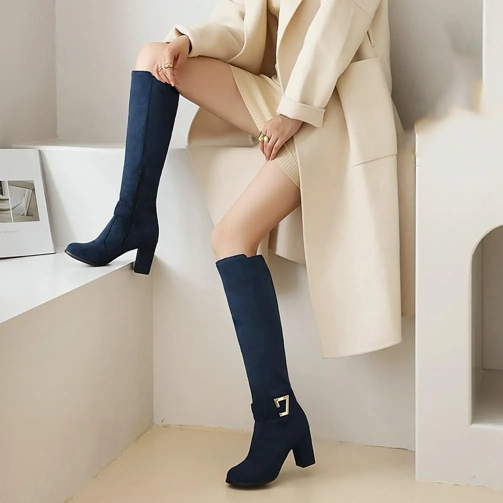 Caradise Womens Faux Suede Zip Chunky Heel Knee High Heeled Boots