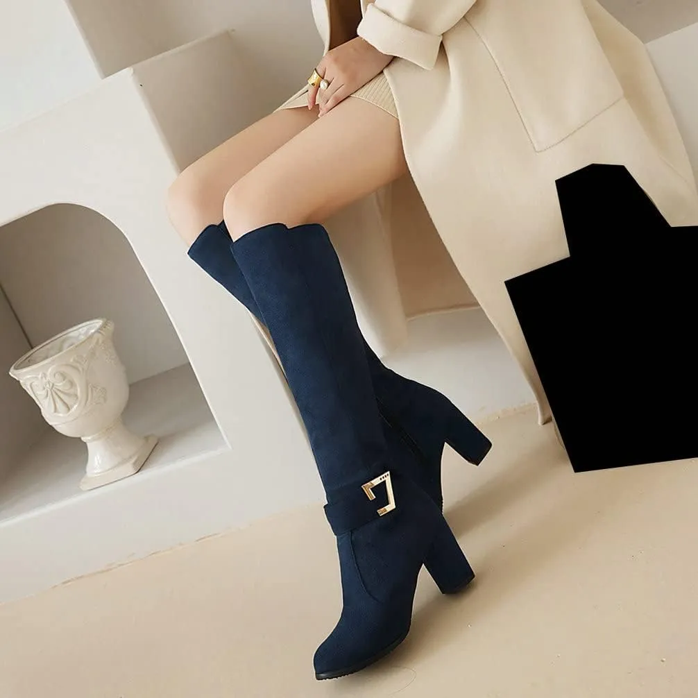 Caradise Womens Faux Suede Zip Chunky Heel Knee High Heeled Boots