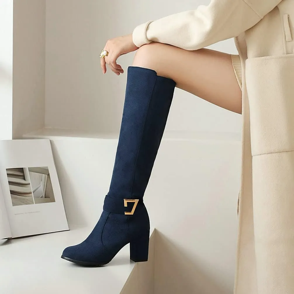 Caradise Womens Faux Suede Zip Chunky Heel Knee High Heeled Boots