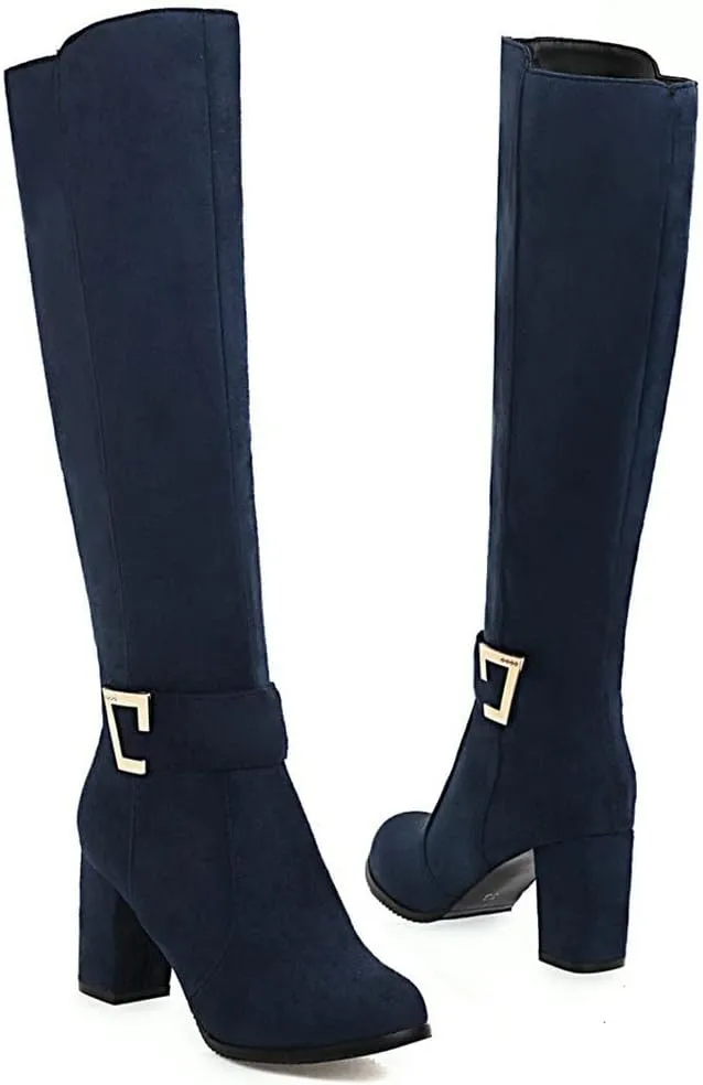 Caradise Womens Faux Suede Zip Chunky Heel Knee High Heeled Boots