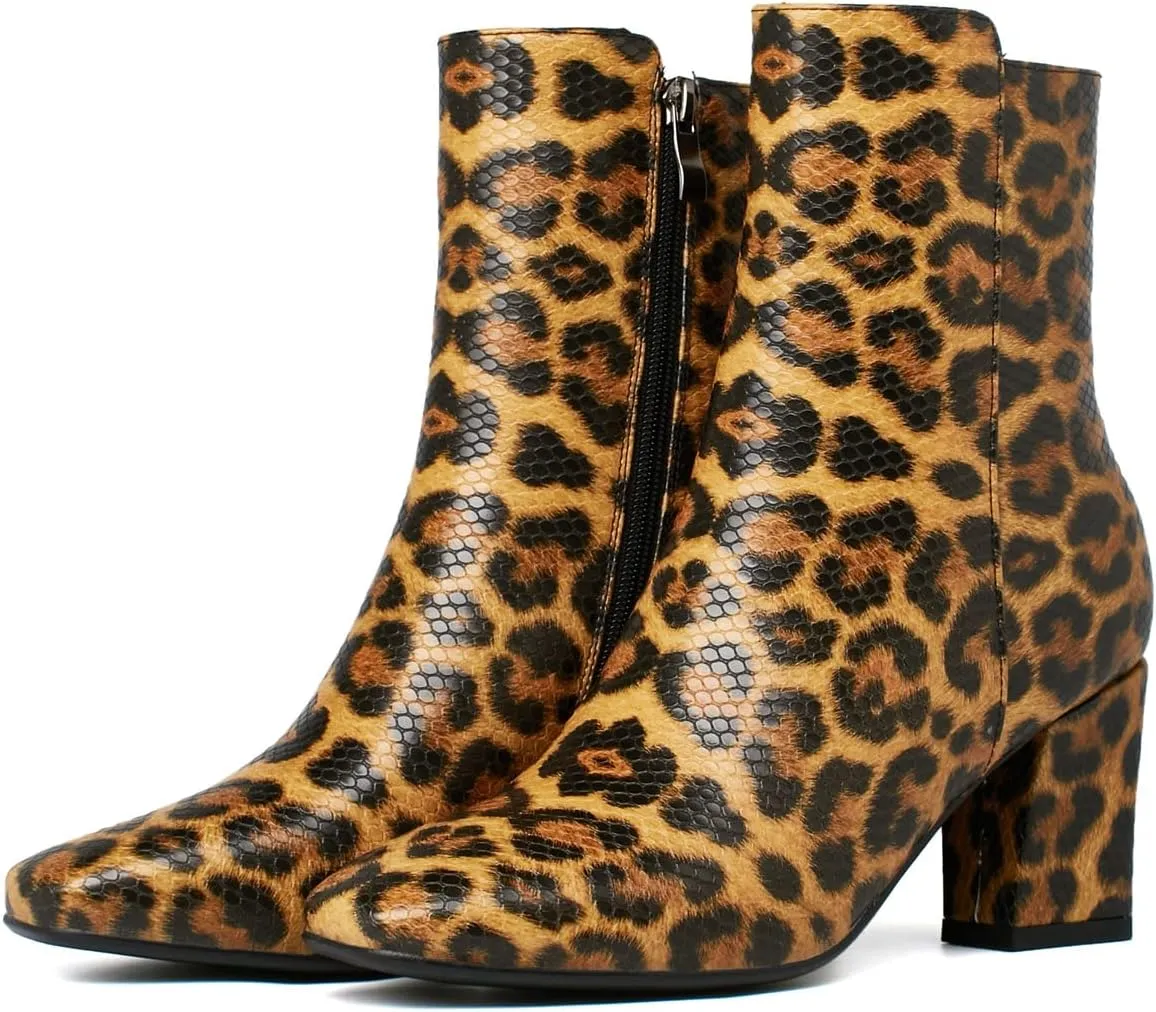 Caradise Womens High Chunky Heeled Boots Zip Up Square Toe Ankle Booties