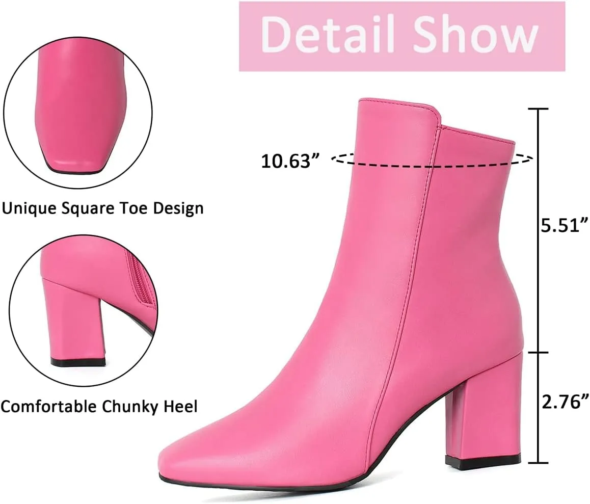 Caradise Womens High Chunky Heeled Boots Zip Up Square Toe Ankle Booties